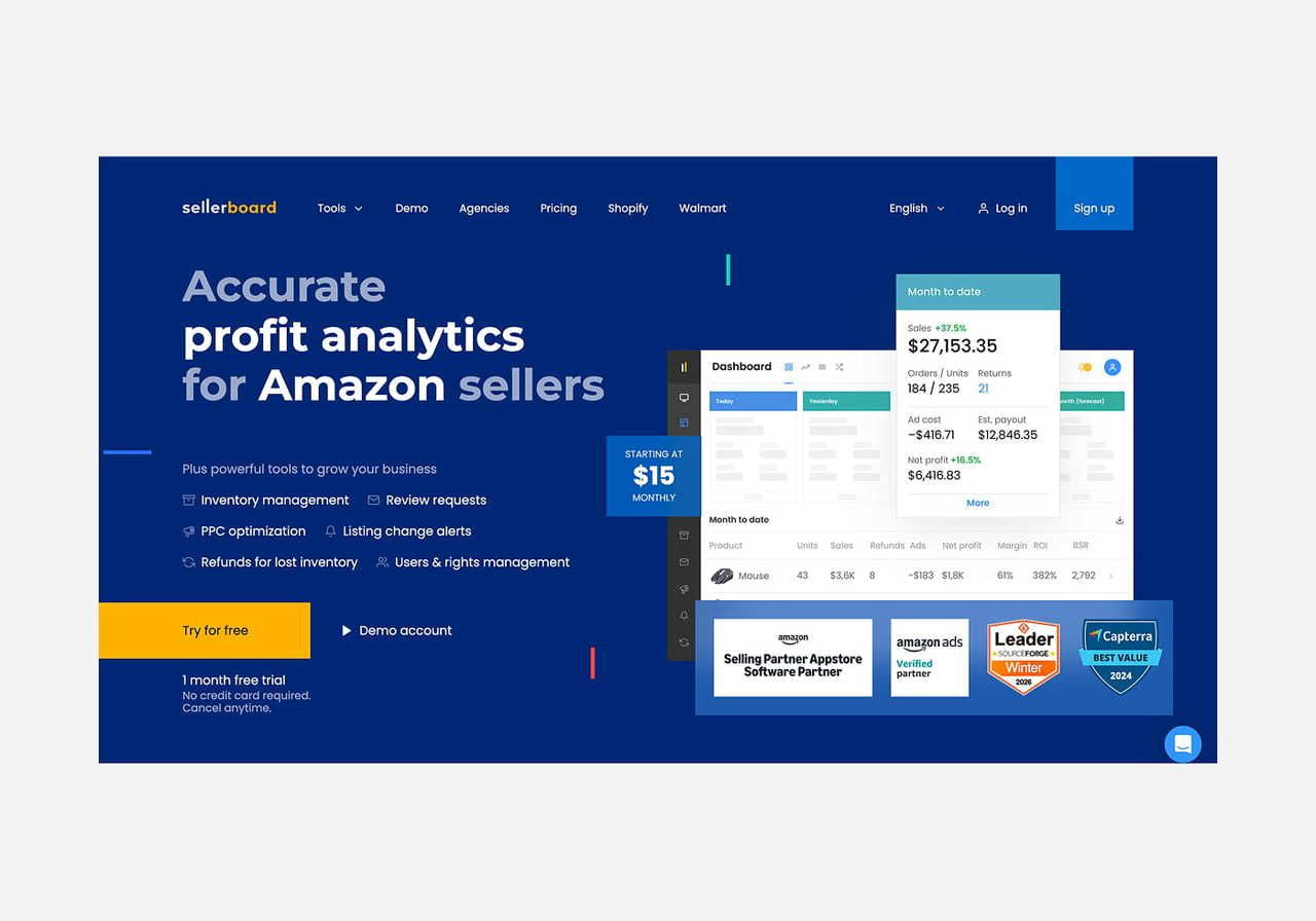 Sellerboard homepage hero section screenshot mockup.