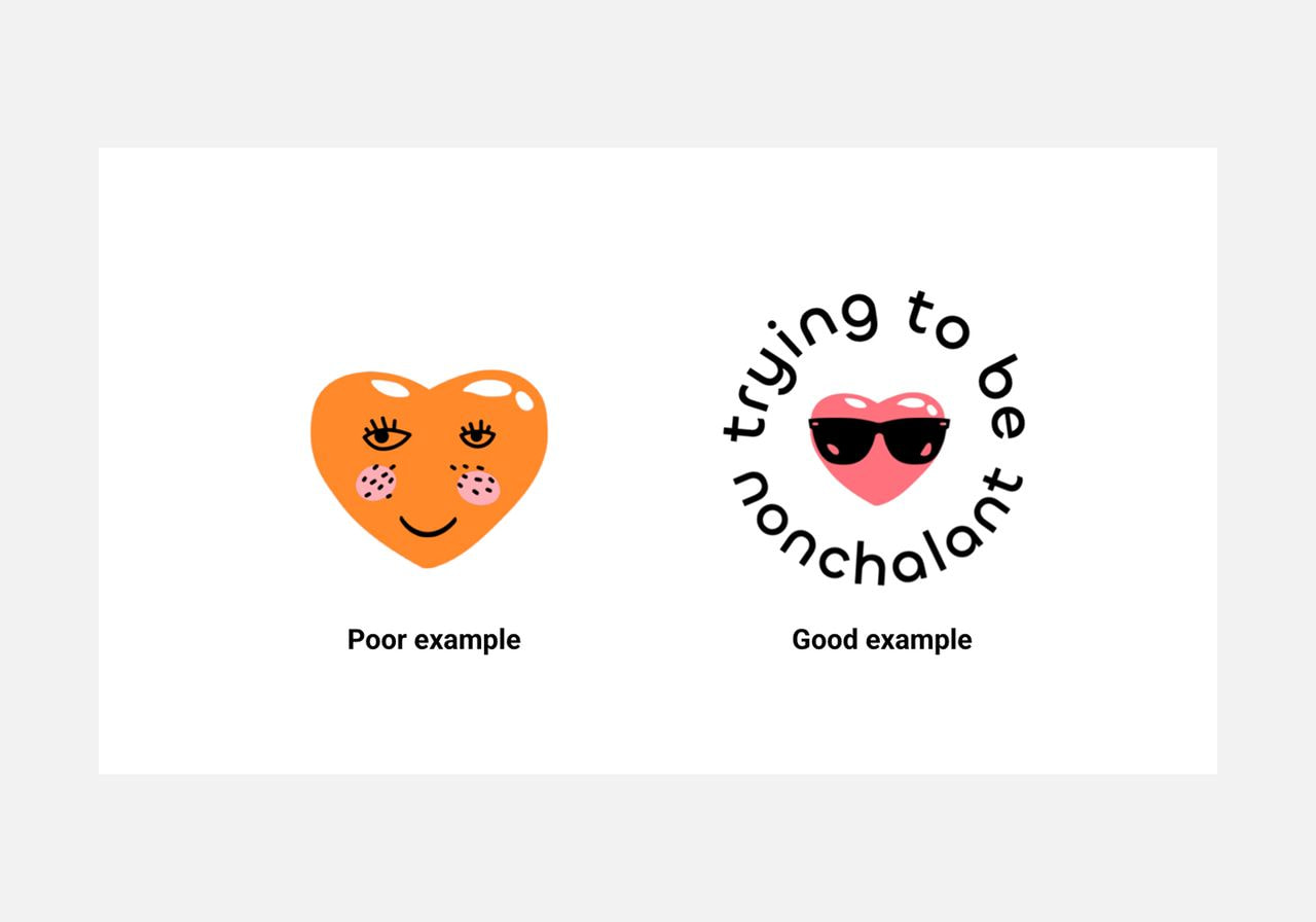 Two heart-shaped cartoon characters compared side by side, labeled 'Poor example' and 'Good example.'