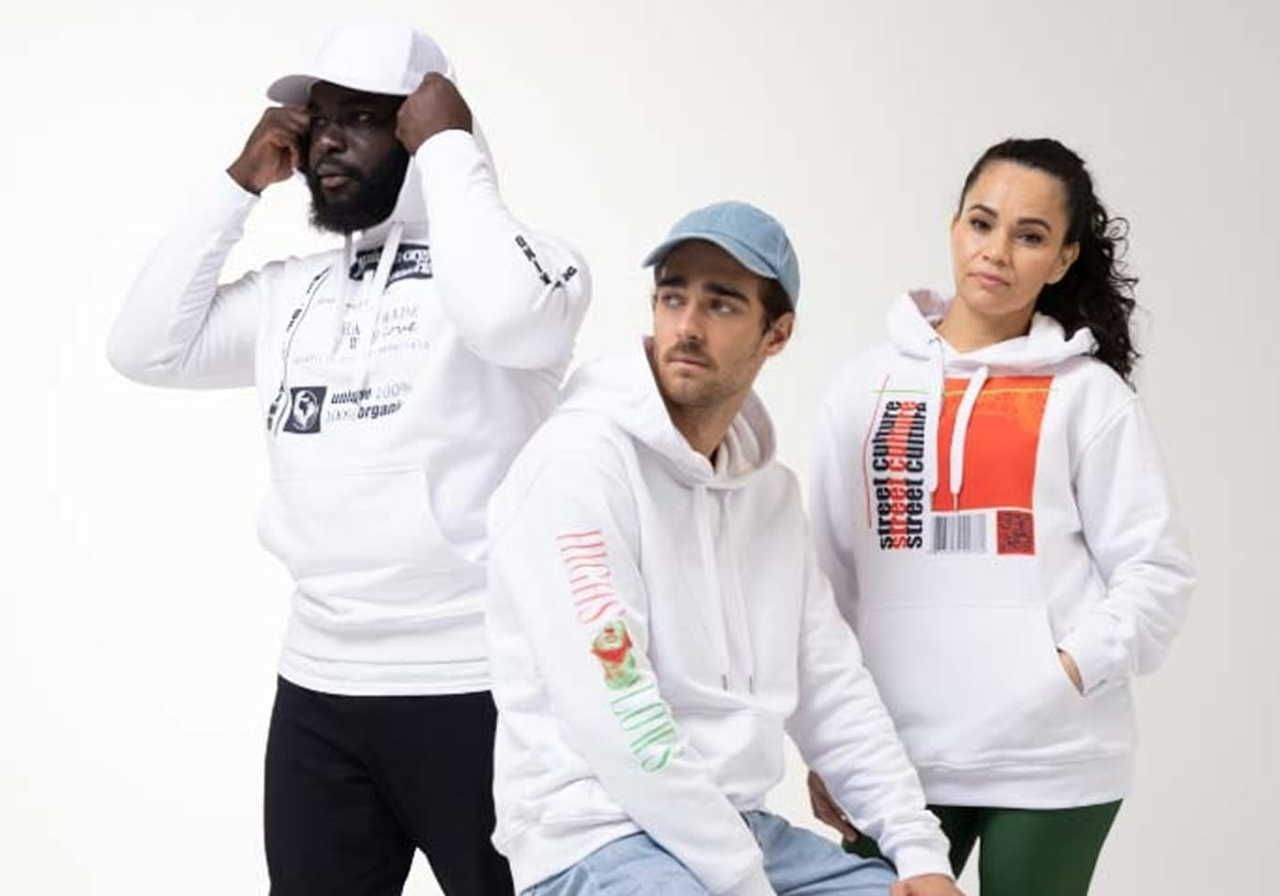 Three individuals wearing stylish hoodies, standing against a neutral background.
