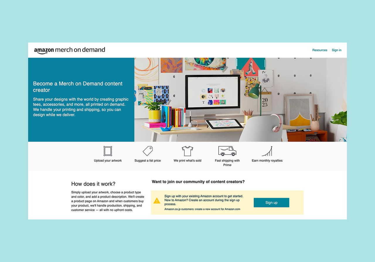 Amazon Merch on Demand homepage hero section screenshot mockup.