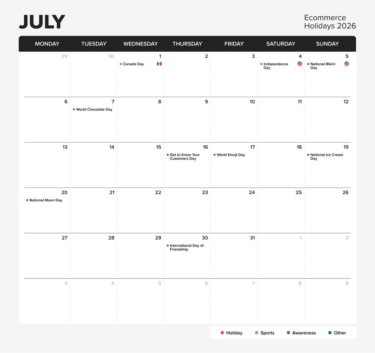 Printful’s eCommerce holiday calendar for 2026, month - July.