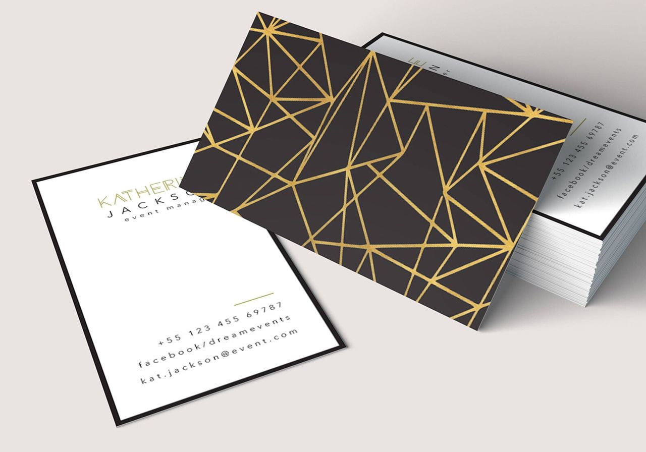 Business card featuring a modern geometric pattern in various colors and shapes.