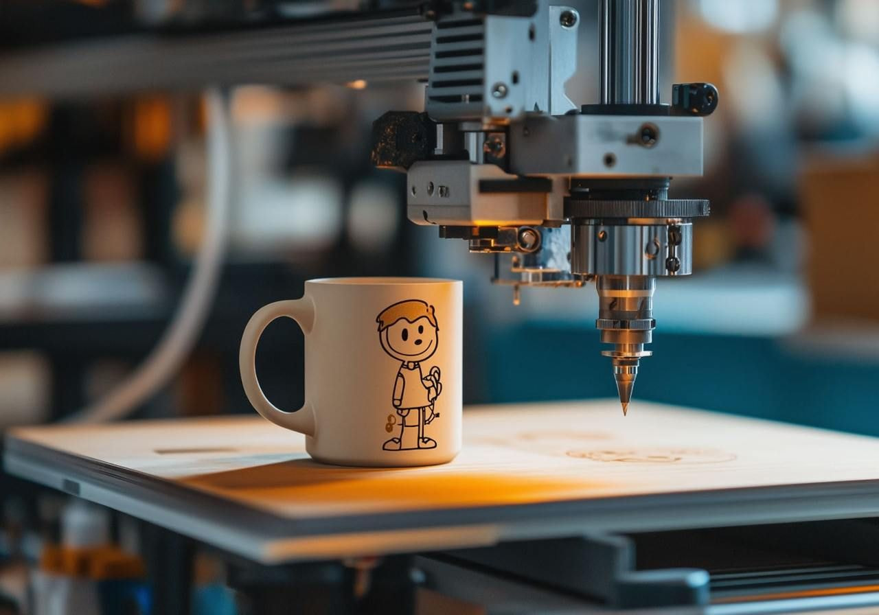 A 3D printer is in the process of creating a coffee mug, showcasing layers being built up.