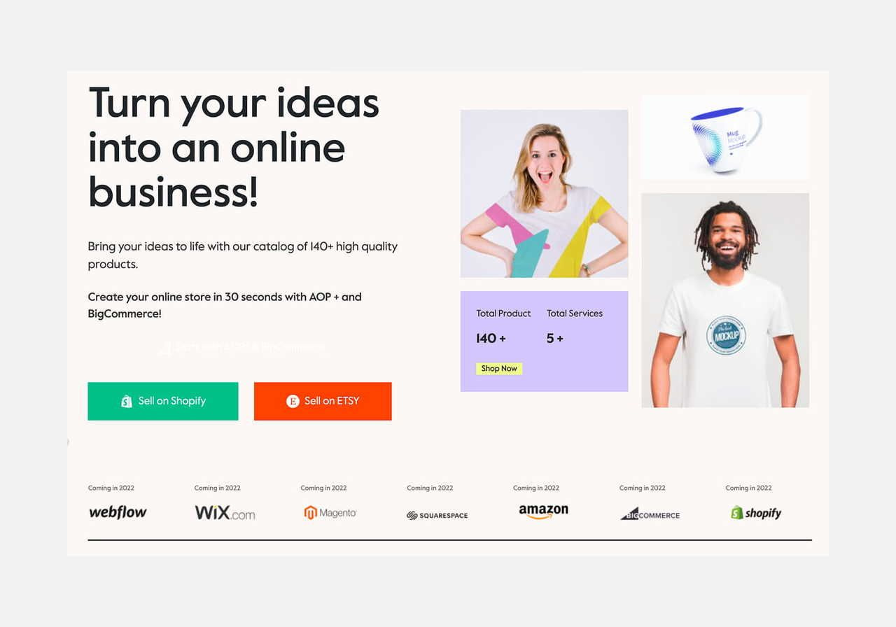A screenshot mockup of AOP+’s homepage hero section as an example of a Zazzle alternative.