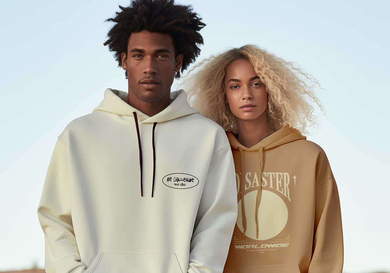 Two models, a man and a woman, wear matching graphic hoodies in an outdoor setting.