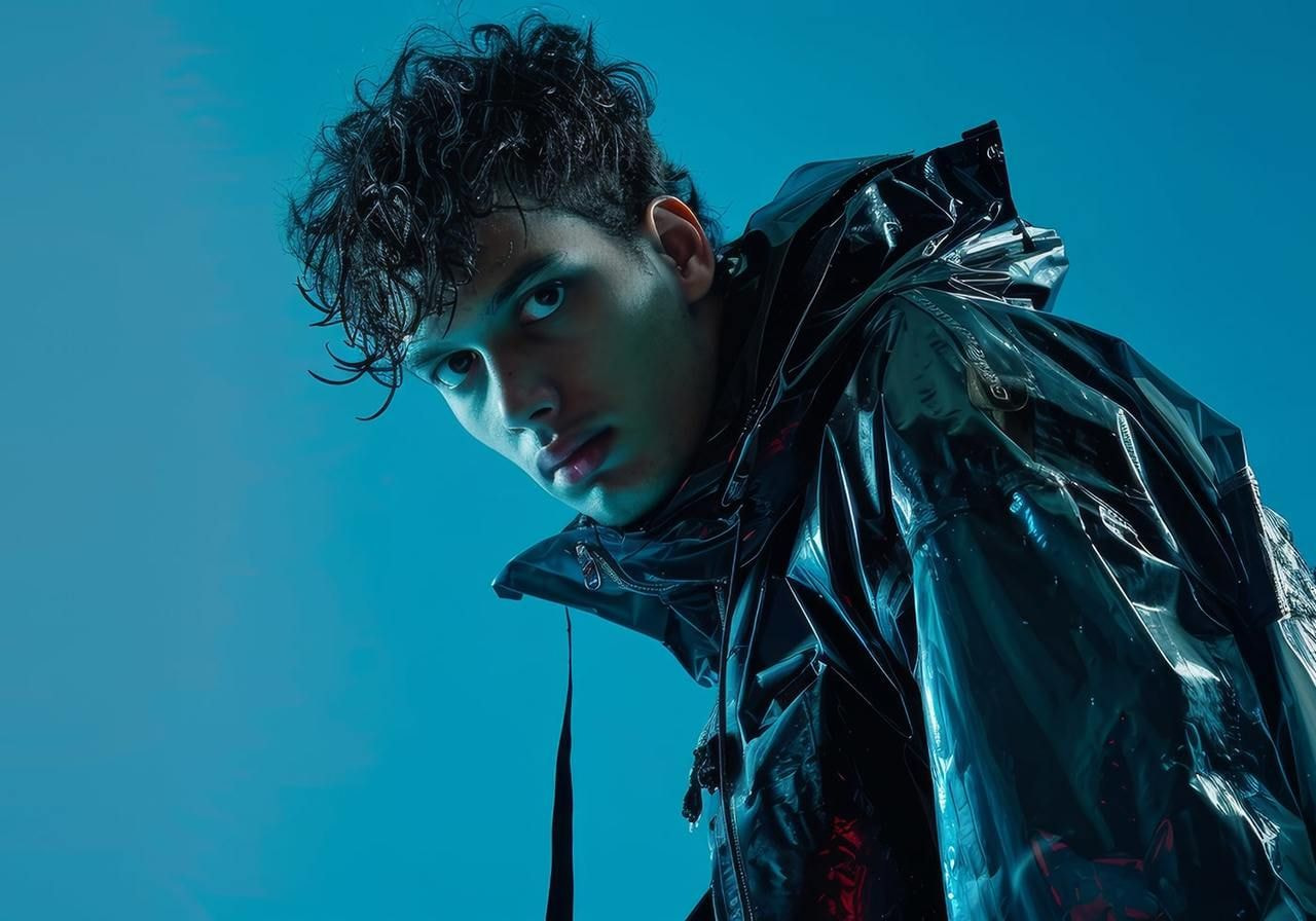 Young man with curly hair in a shiny, black, reflective gorpcore fashion raincoat against a blue background.