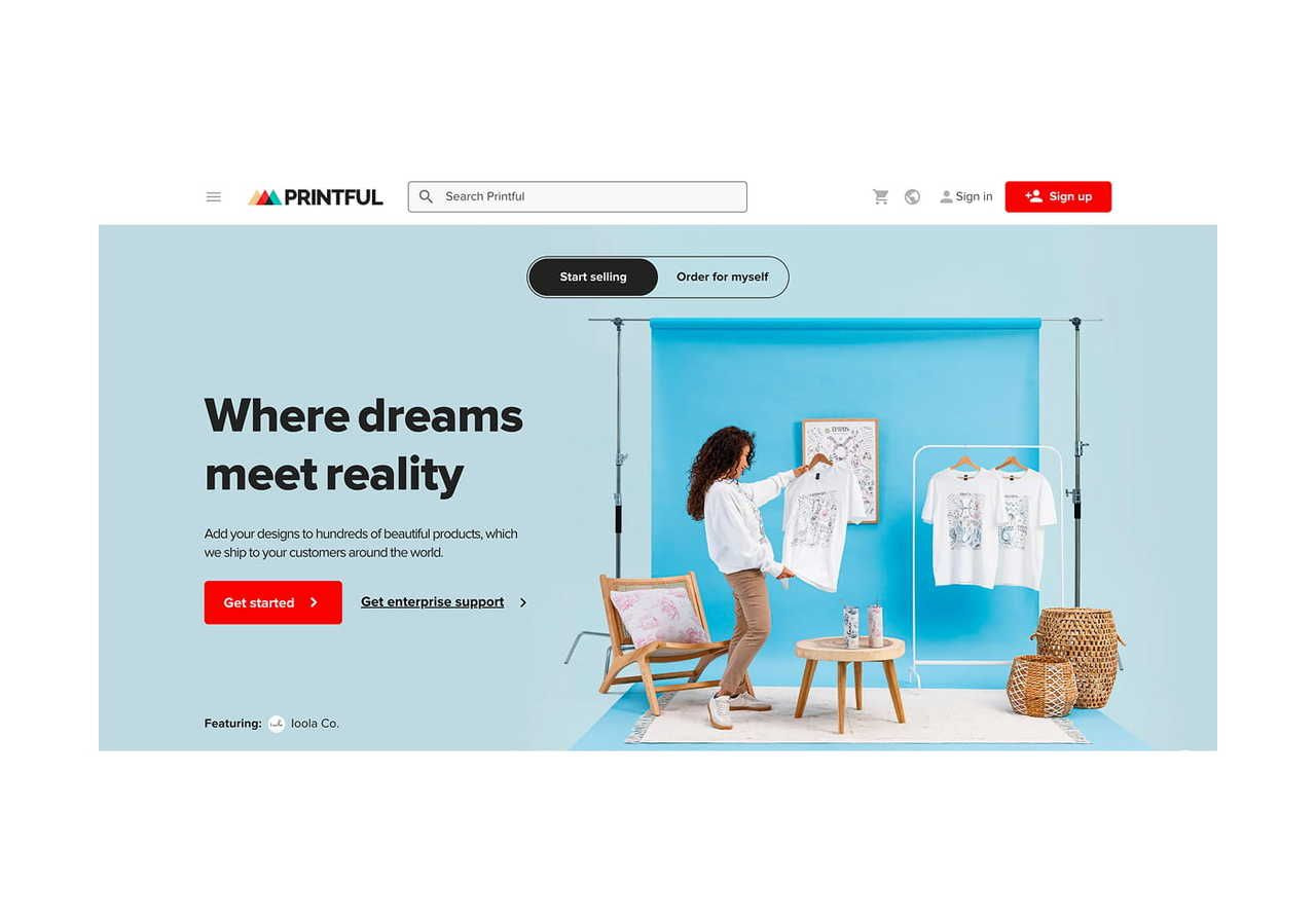 A screenshot mockup of Printful’s homepage.