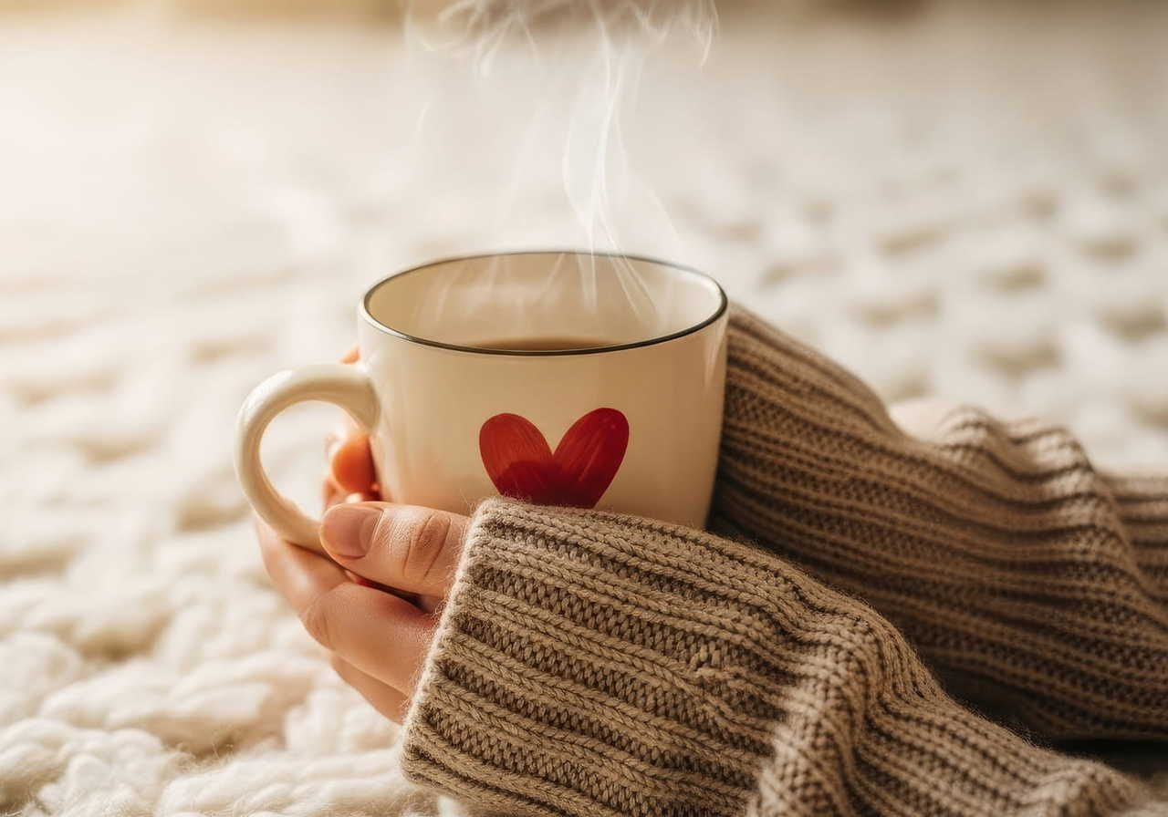 Close-up of hands holding a steaming mug with a red heart as an example of Valentine’s Day gift ideas.