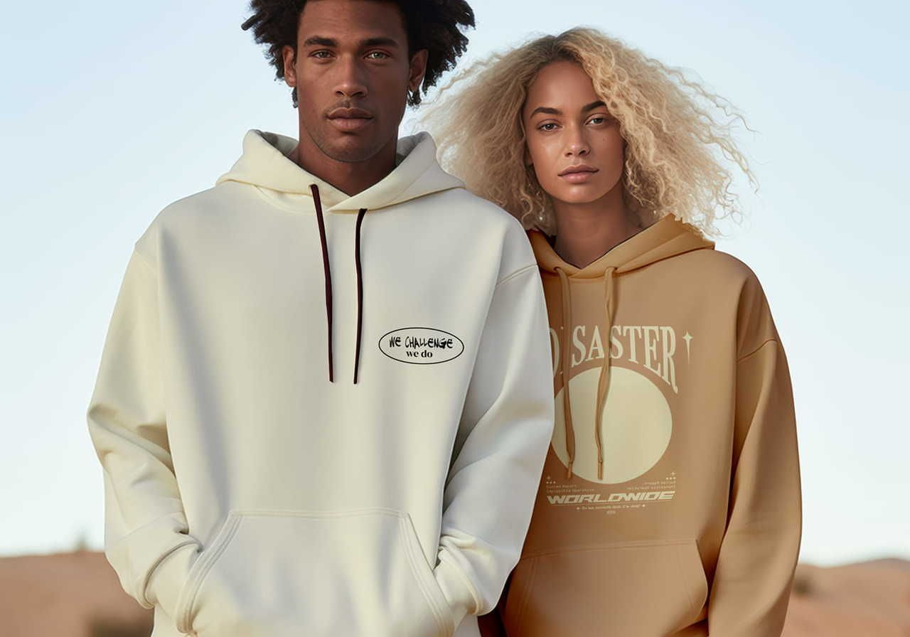  man and a woman stand side by side, both wearing hooded sweatshirts.
