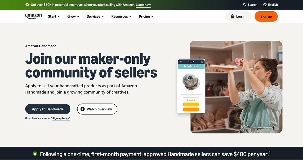 Amazon Handmade homepage hero section screenshot.