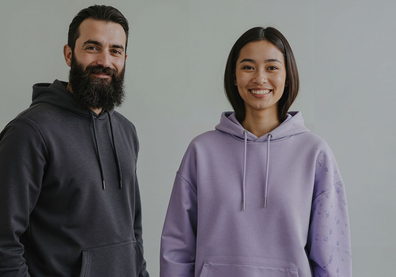 Two people in hoodies are smiling at the camera