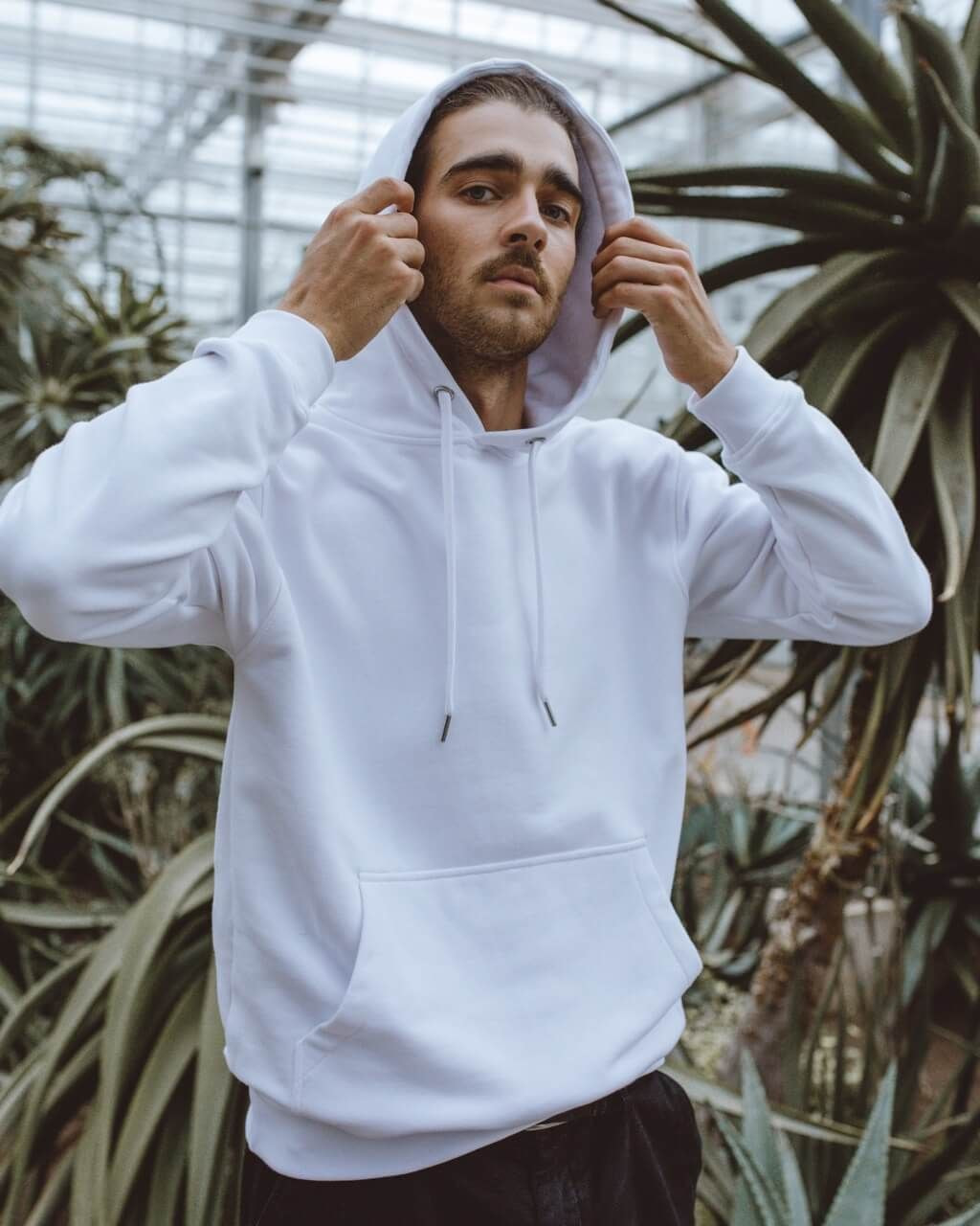 man wearing custom white hoodie