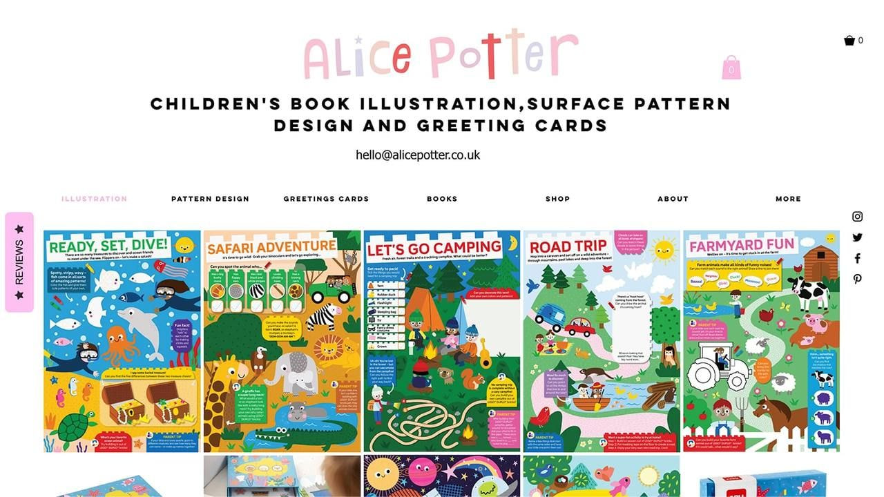 Alice Potter Illustrations homepage hero section screenshot.