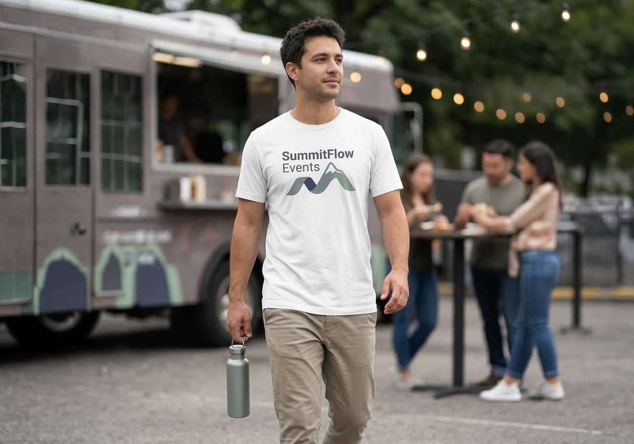 A man in a "SummitFlow Events" t-shirt and beige pants walks past a food truck, holding a water bottle.