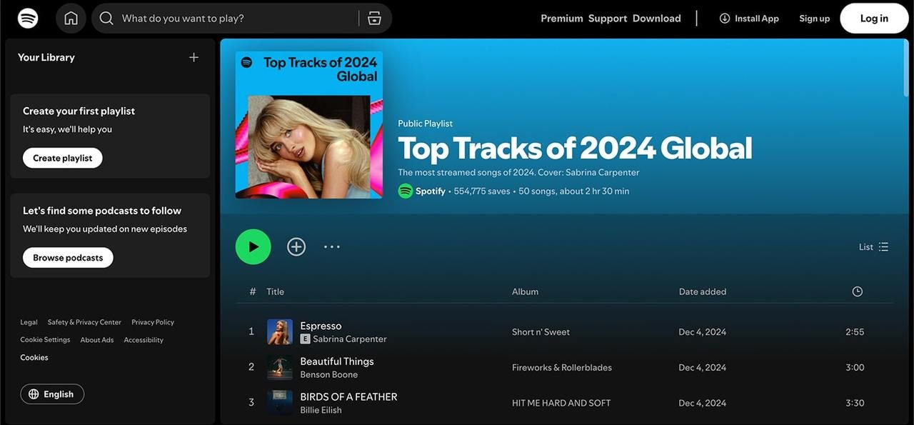 Spotify homepage screenshot.