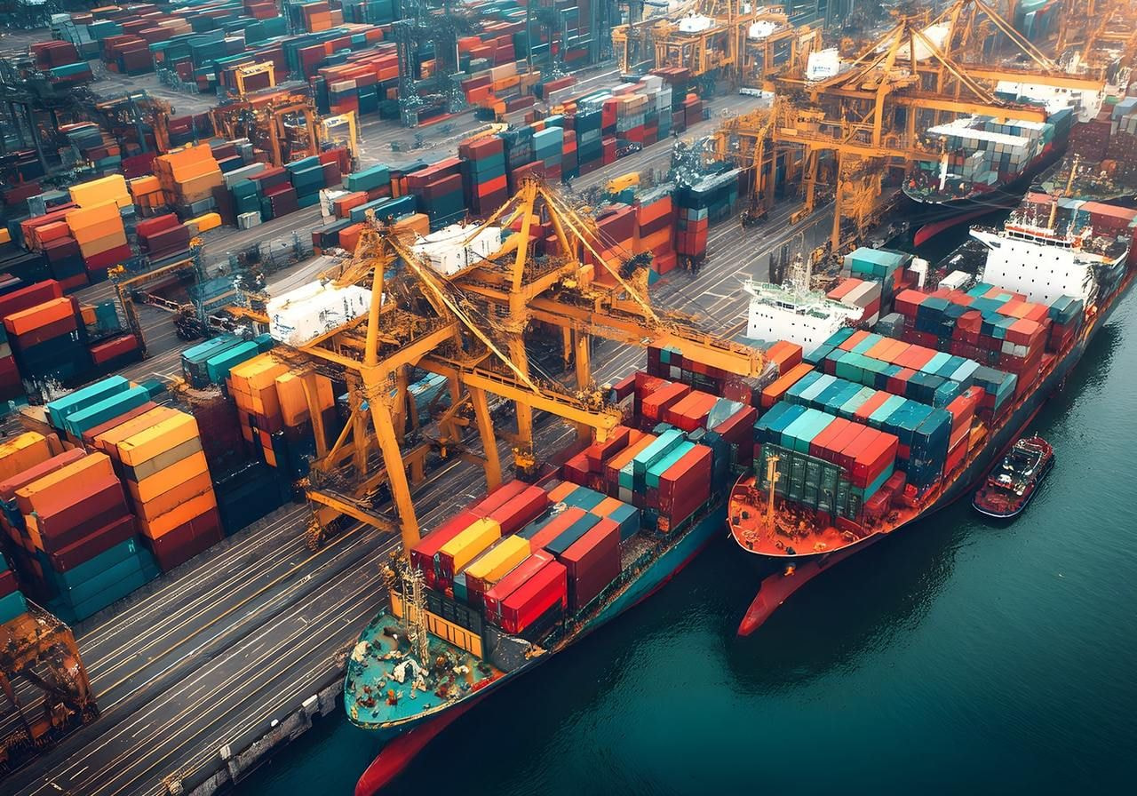 Aerial view of a busy shipping port with colorful containers, cranes, and cargo ships docked along the waterfront.