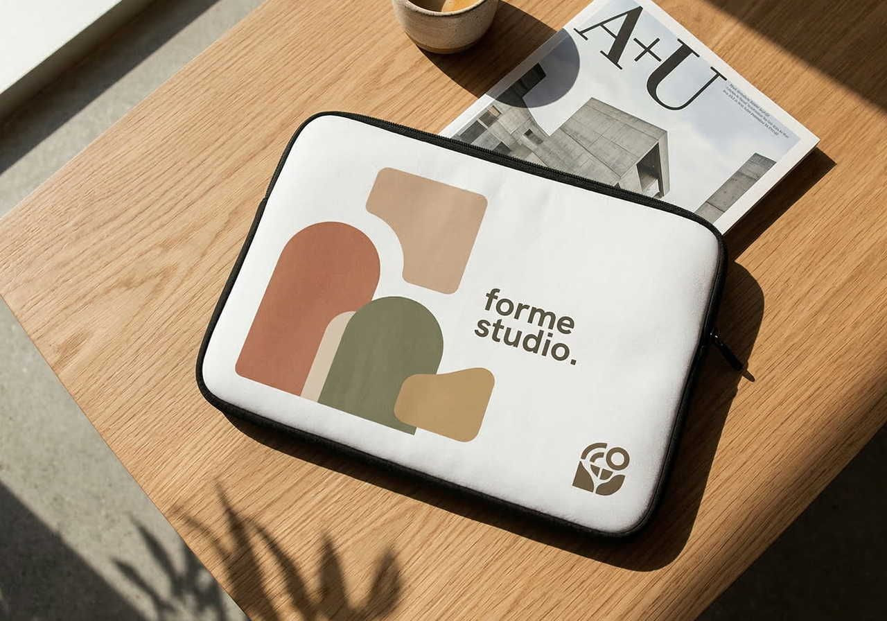 A laptop sleeve with abstract shapes and "forme studio." text rests on a wooden table beside a magazine and coffee cup in sunlight.
