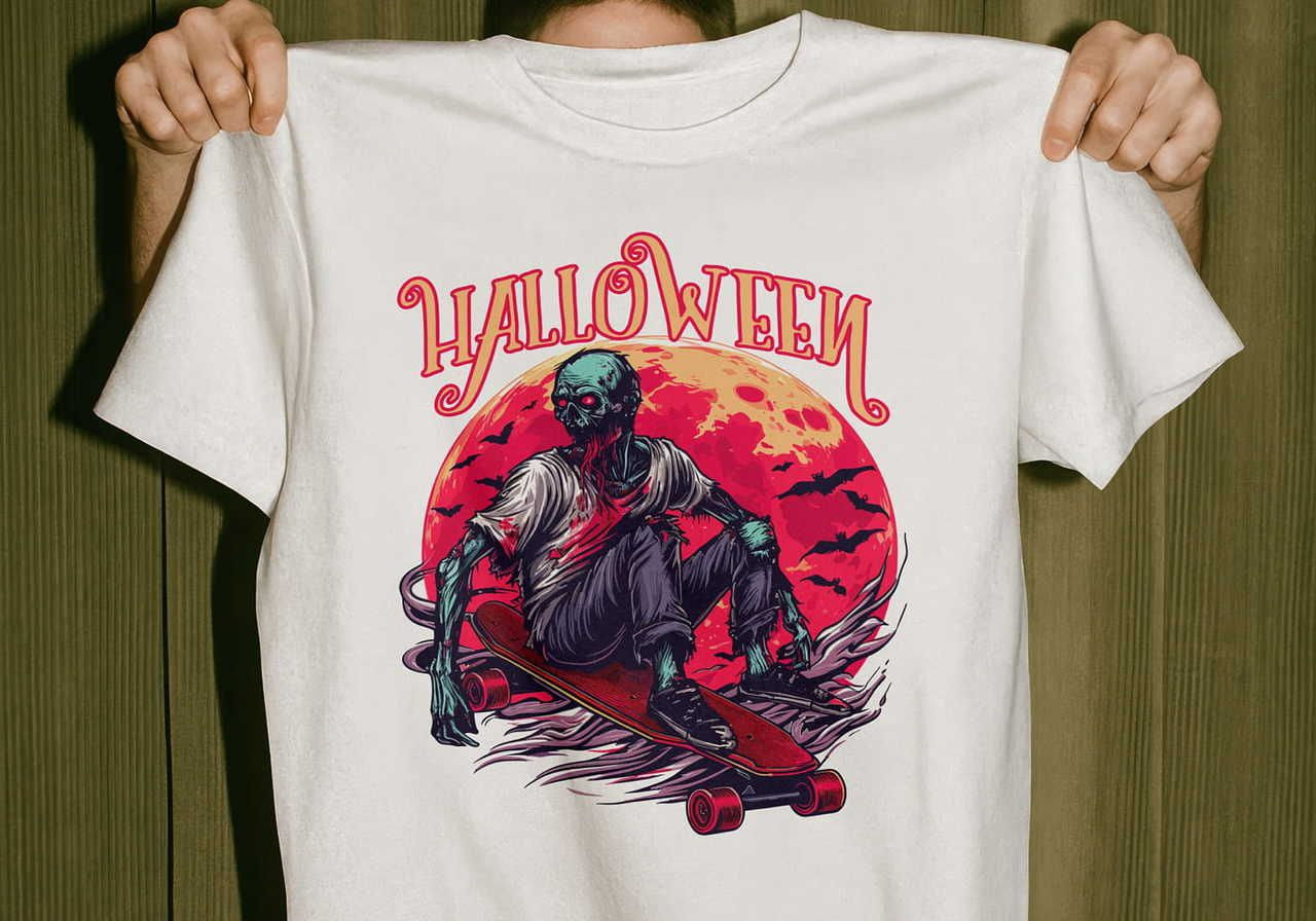 White t-shirt with a Halloween design featuring a zombie skateboarding, and the background is a red moon with flying bats.