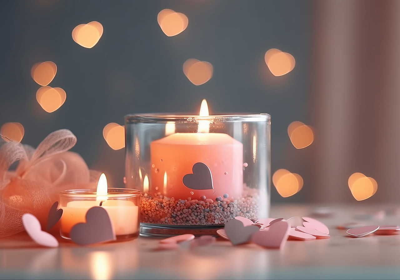 Lit pink candles in glass holders, adorned with heart-shaped cutouts, with scattered heart confetti and soft bokeh lights.