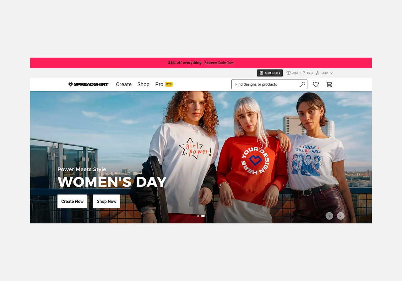 Spreadshirt homepage hero section screenshot mockup.