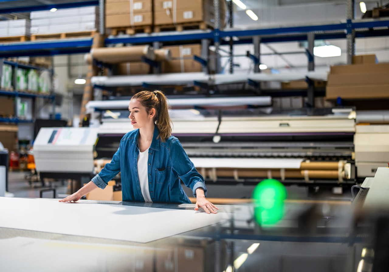 A woman in a denim shirt stands at a large table in a printing warehouse, surrounded by machinery and stocked shelves.