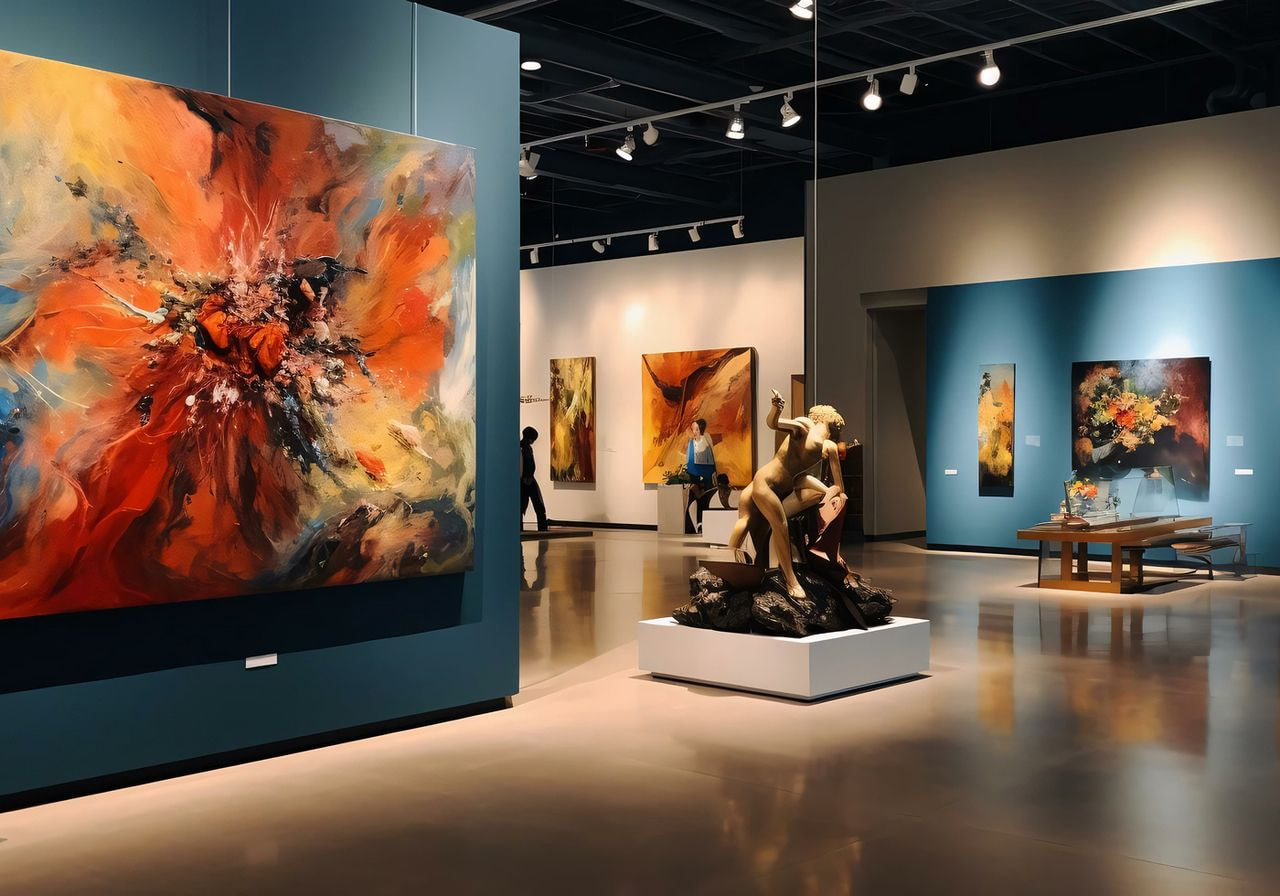 A modern art gallery with vibrant abstract paintings in red, yellow, and orange tones. 