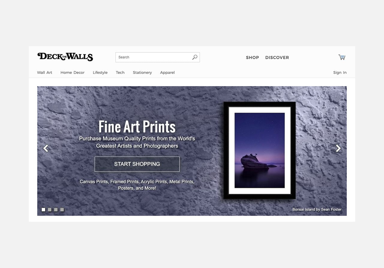 Deck the Walls homepage promoting fine art prints.