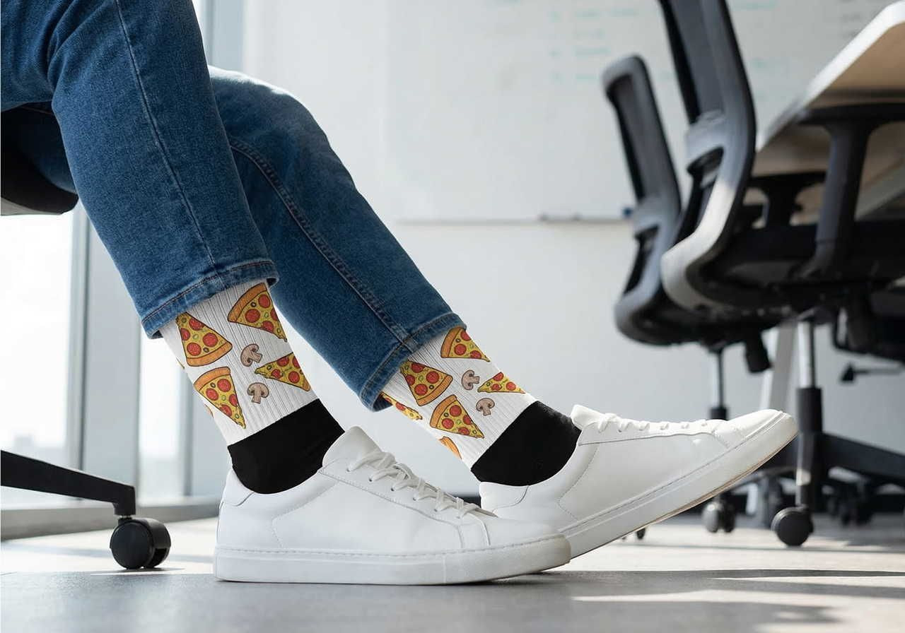 Person wearing jeans and white sneakers with fun pizza-patterned socks, seated in an office setting.