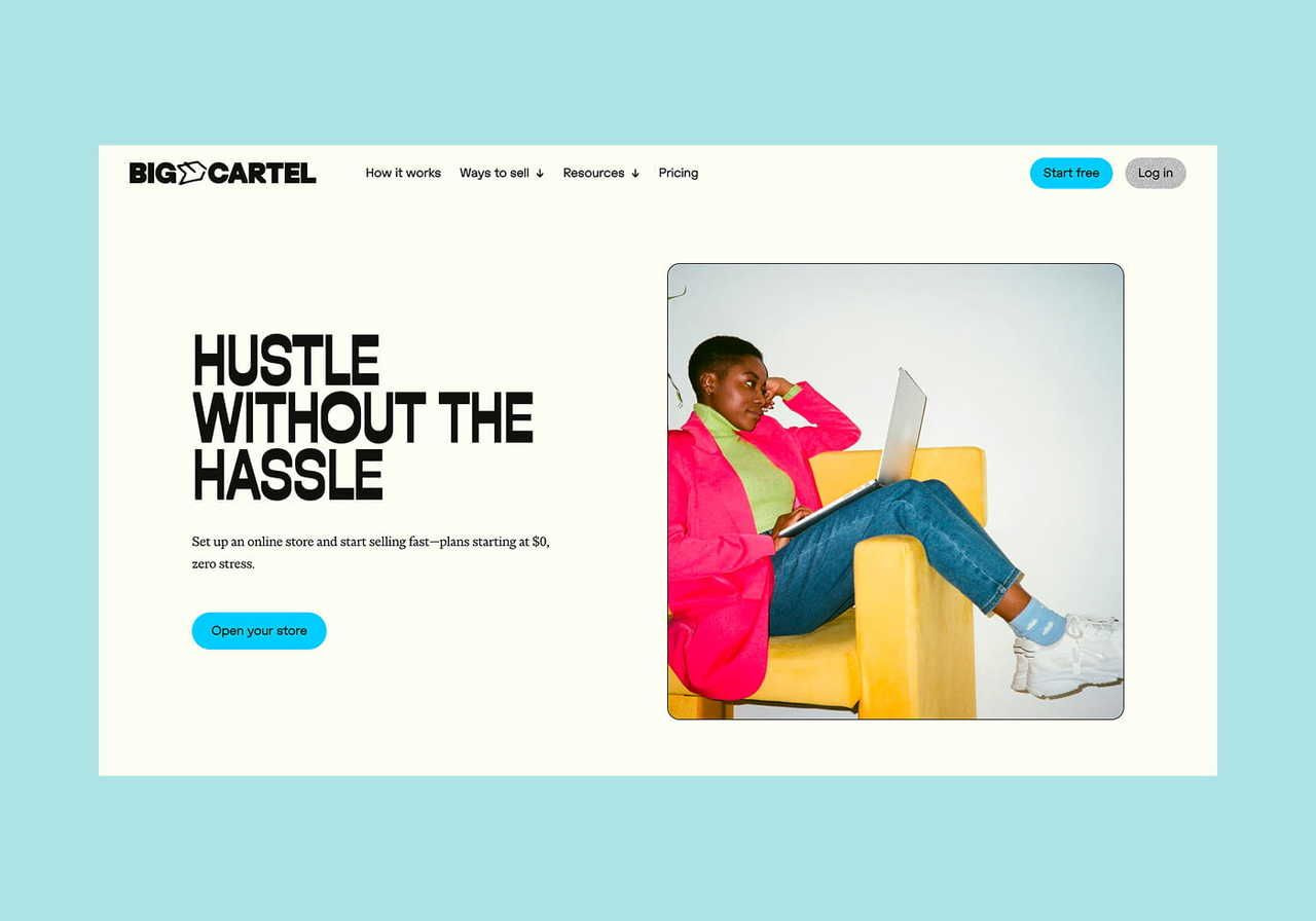 Big Cartel homepage hero section screenshot mockup.