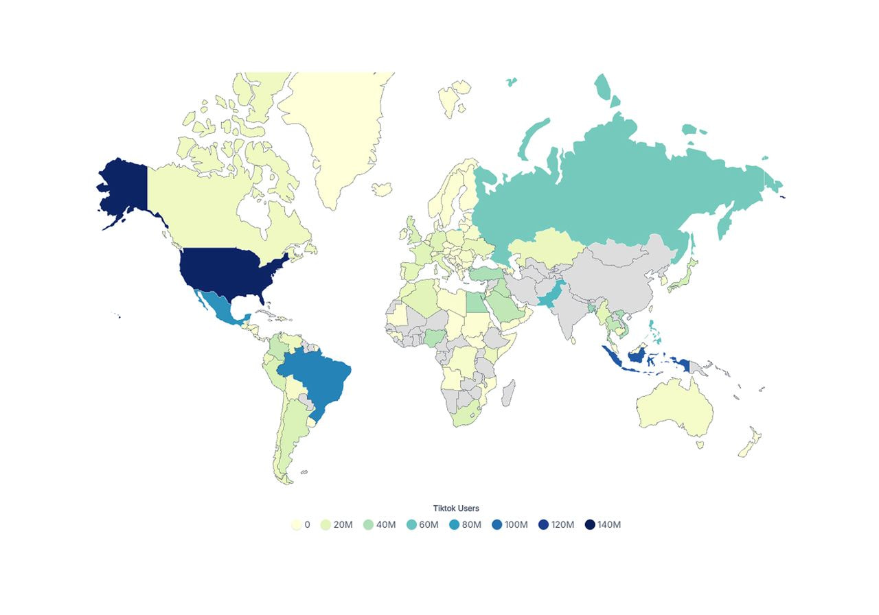 World map showing TikTok user distribution by country with color scale.