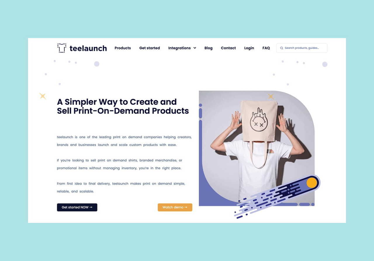 Teelaunch homepage hero section screenshot mockup.