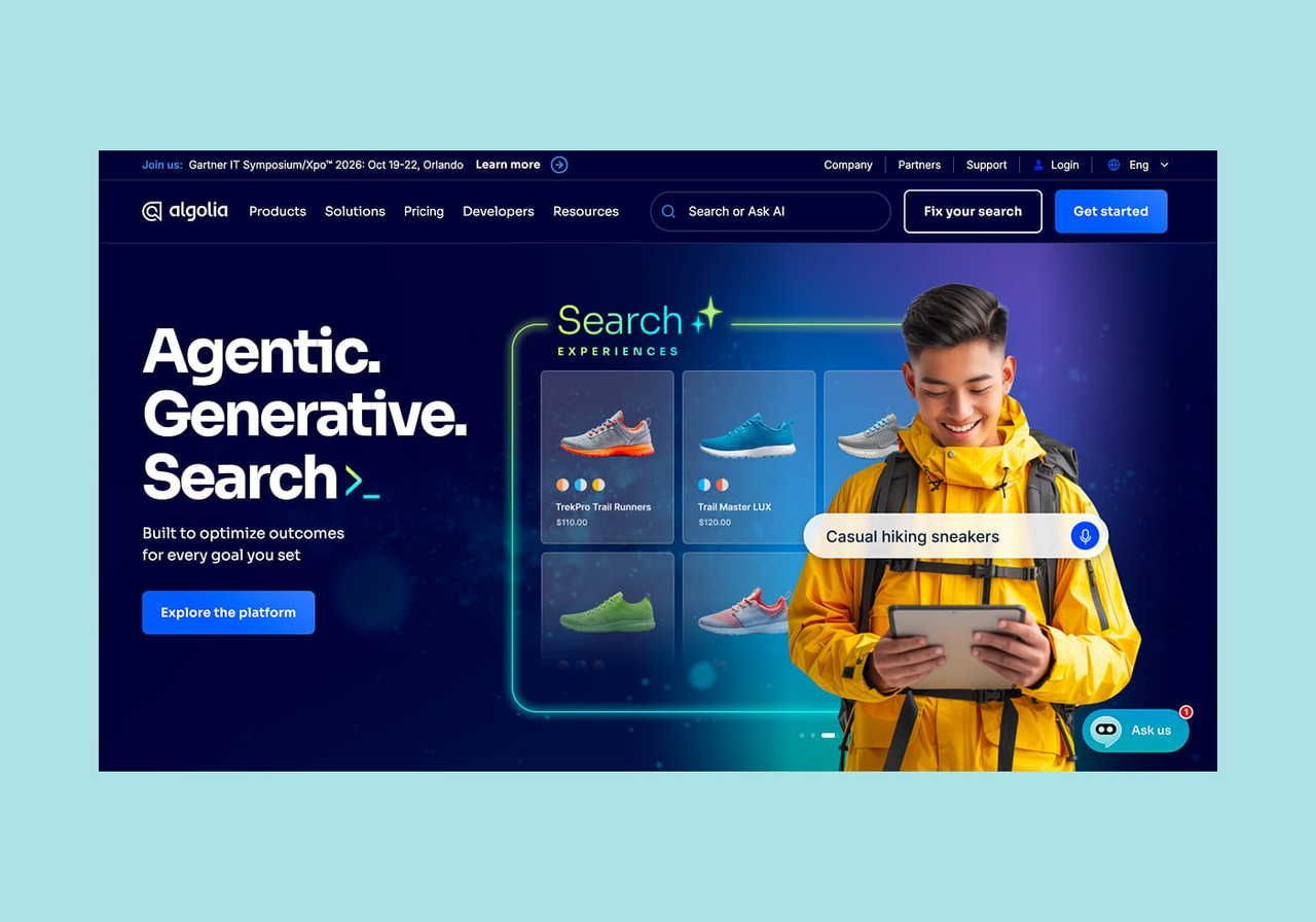 Algolia homepage hero section screenshot mockup.