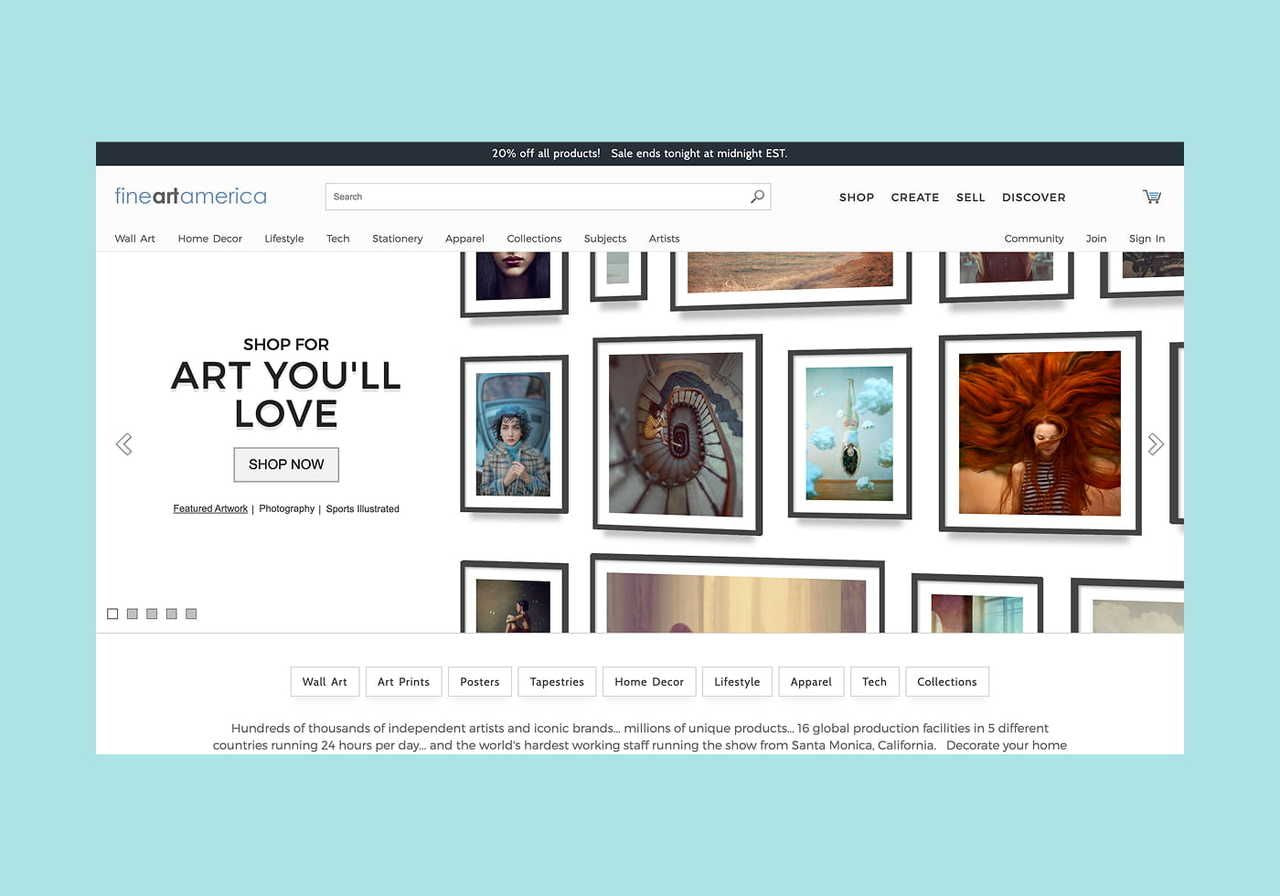 Fine Art America homepage hero section screenshot mockup.