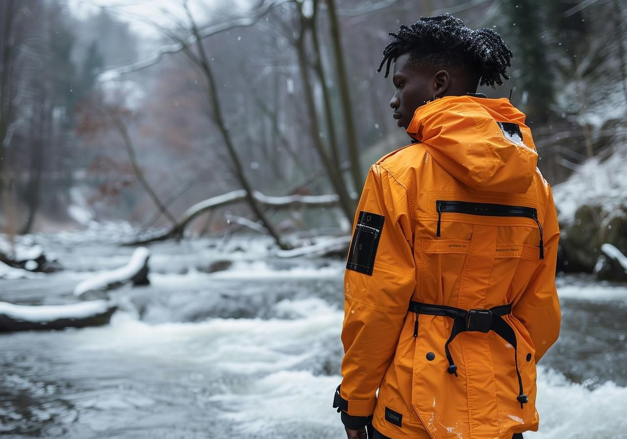 A man in an orange gorpcore jacket stands beside a flowing river in a snowy forest.