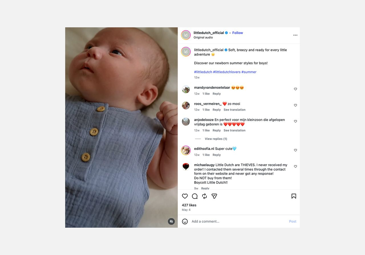 Screenshot of an Instagram post from a kids' clothing brand featuring a baby in a blue button-up romper, with comments below.