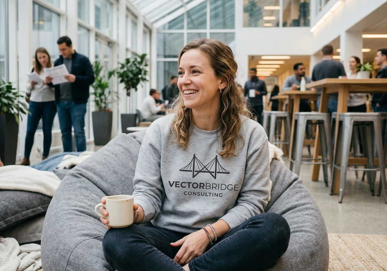 A woman, smiling and seated on a bean bag, holds a coffee mug. She's in an office space, wearing a "VectorBridge Consulting" shirt.