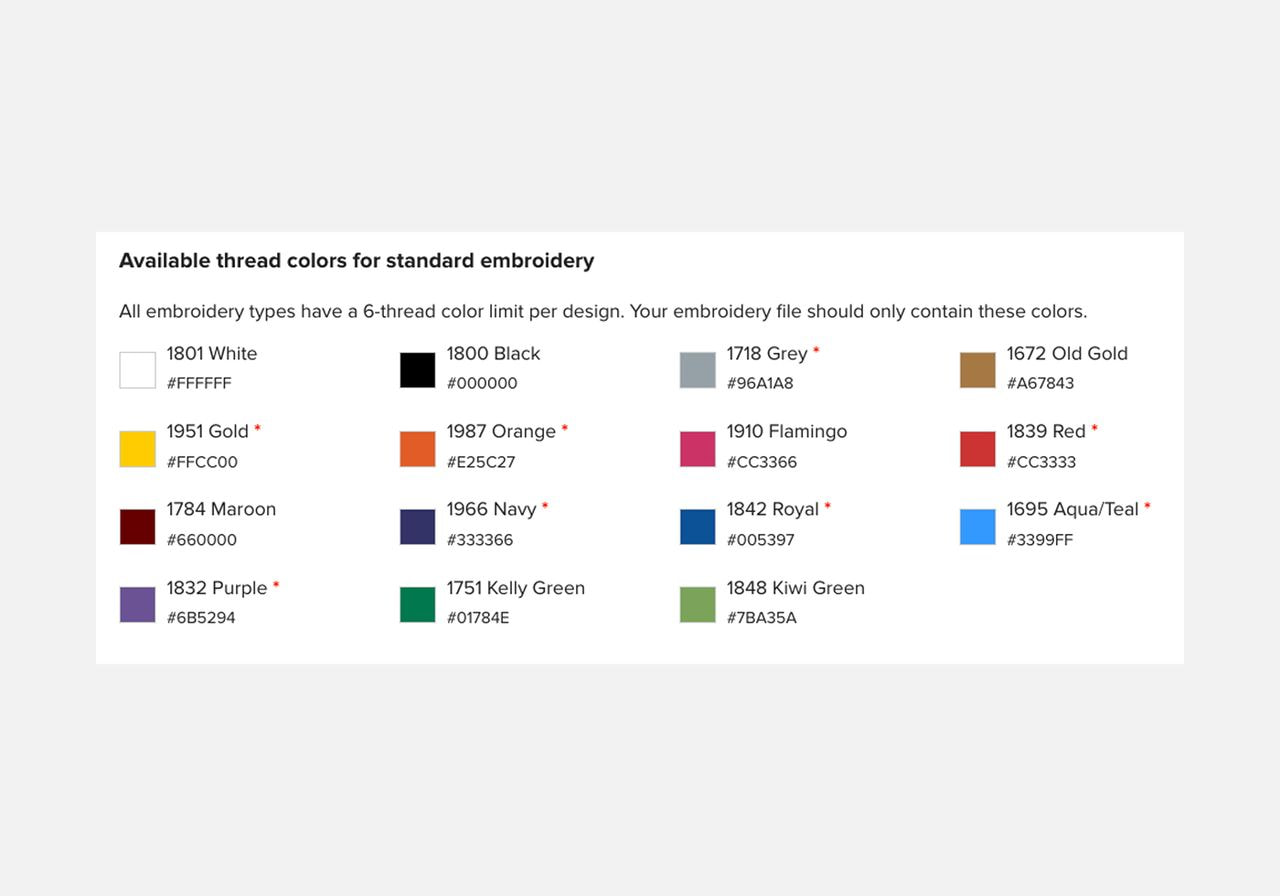 A screenshot showing available thread colors for Printful embroidery products.
