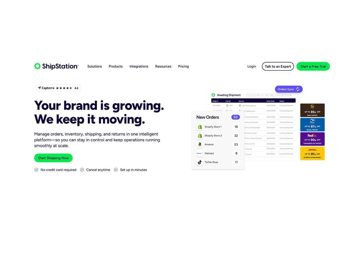 A screenshot mockup of ShipStation’s homepage.