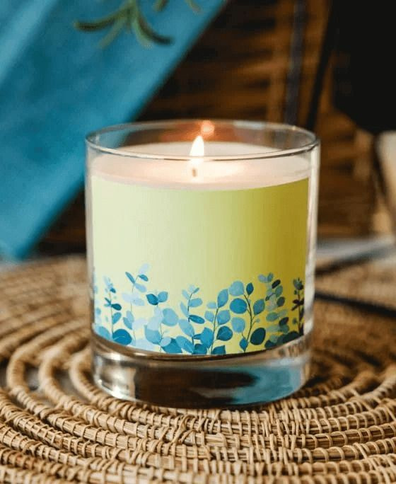 custom candle on a woven mat