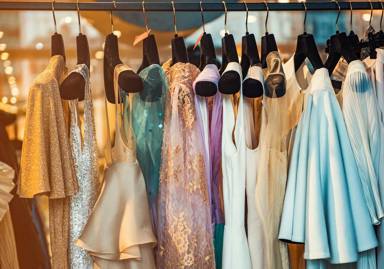 A collection of elegant dresses on hangers, featuring varied textures and colors like silver, gold, blue, and lavender, in a boutique setting.