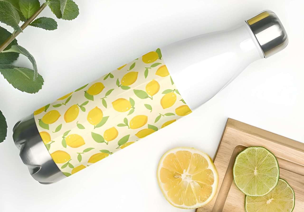 A water bottle with a bright lemon pattern, surrounded by mint leaves and slices of lemon and lime on a wooden board.