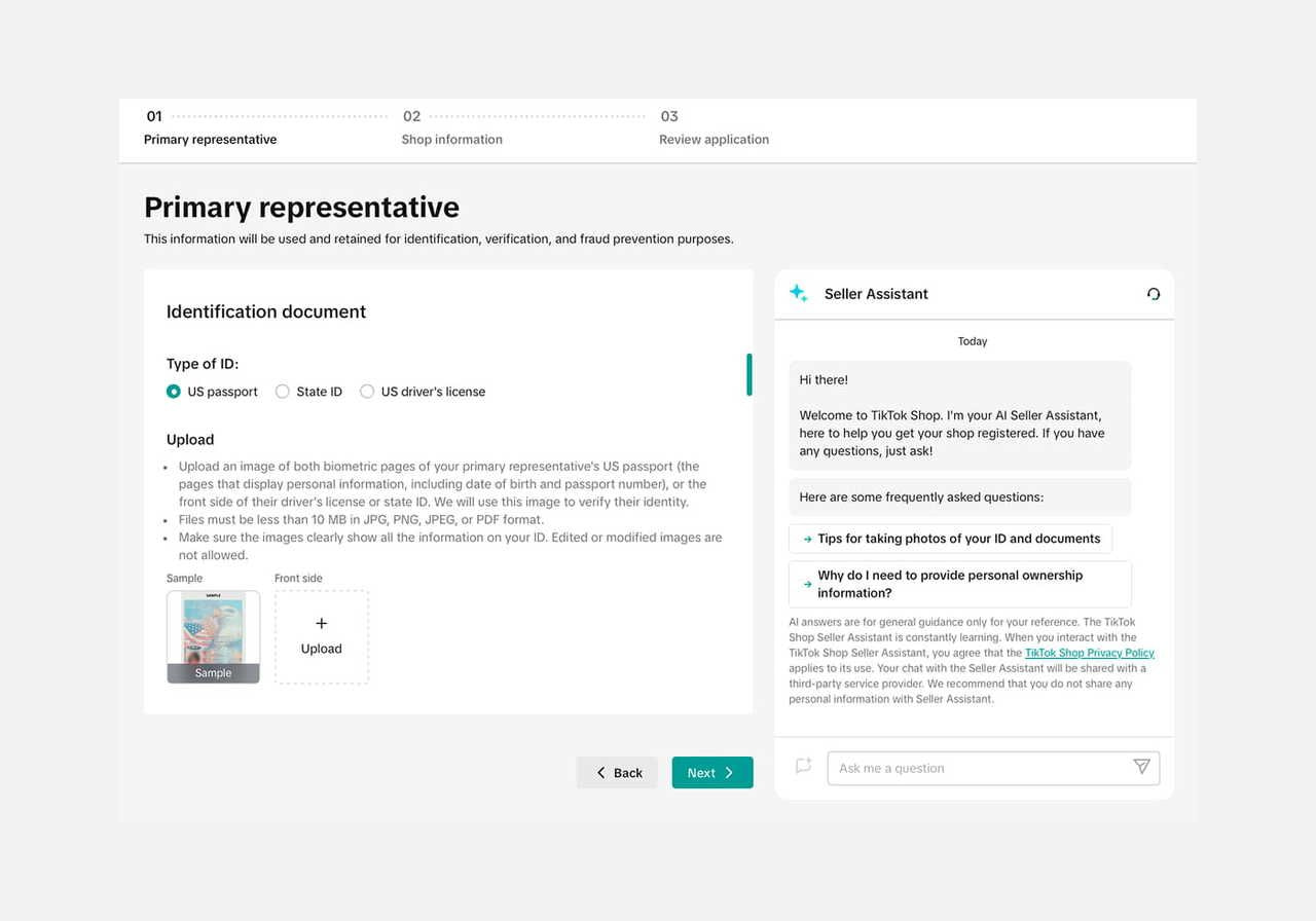 A screenshot mockup showing the process of registering a TikTok Shop account.