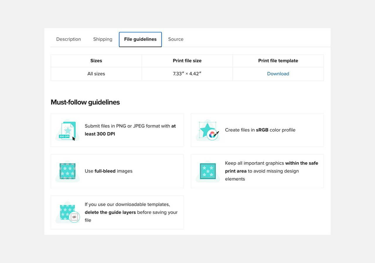 A screenshot mockup showing where to find file guidelines for sublimation products