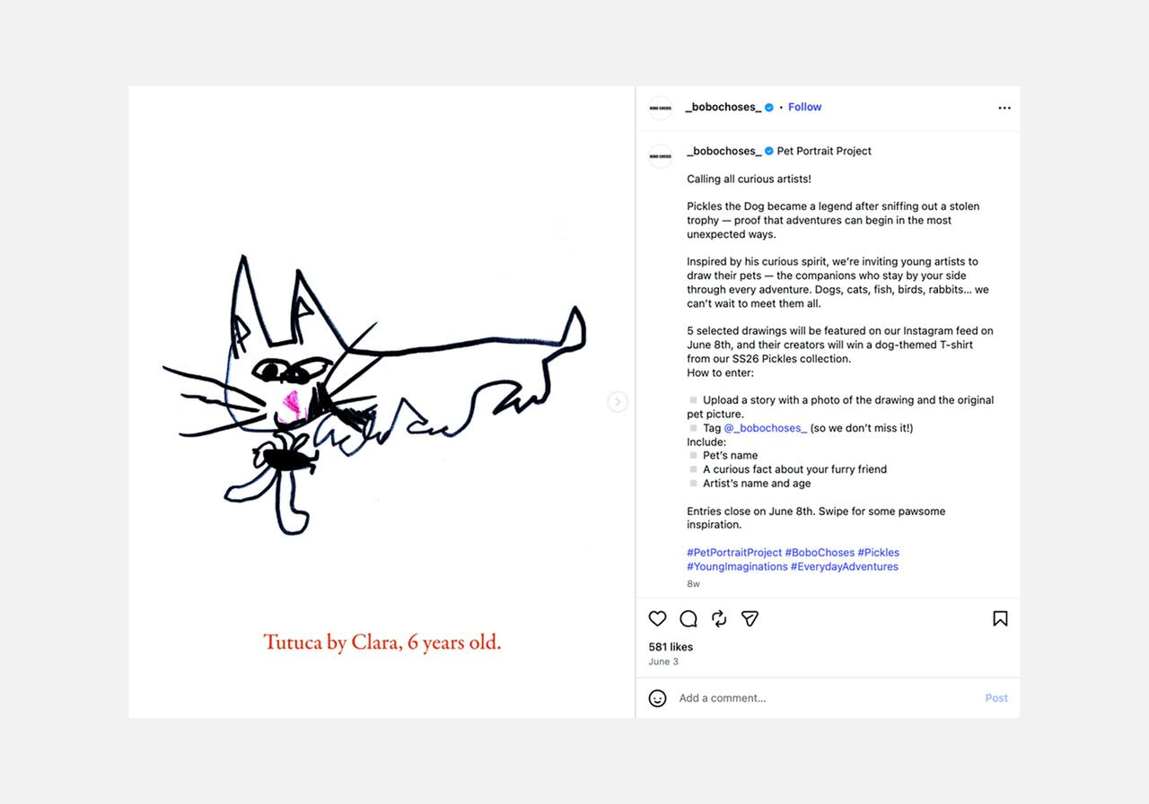 Screenshot of an Instagram post showing a child's crayon drawing of a cat as part of a brand's pet portrait contest.