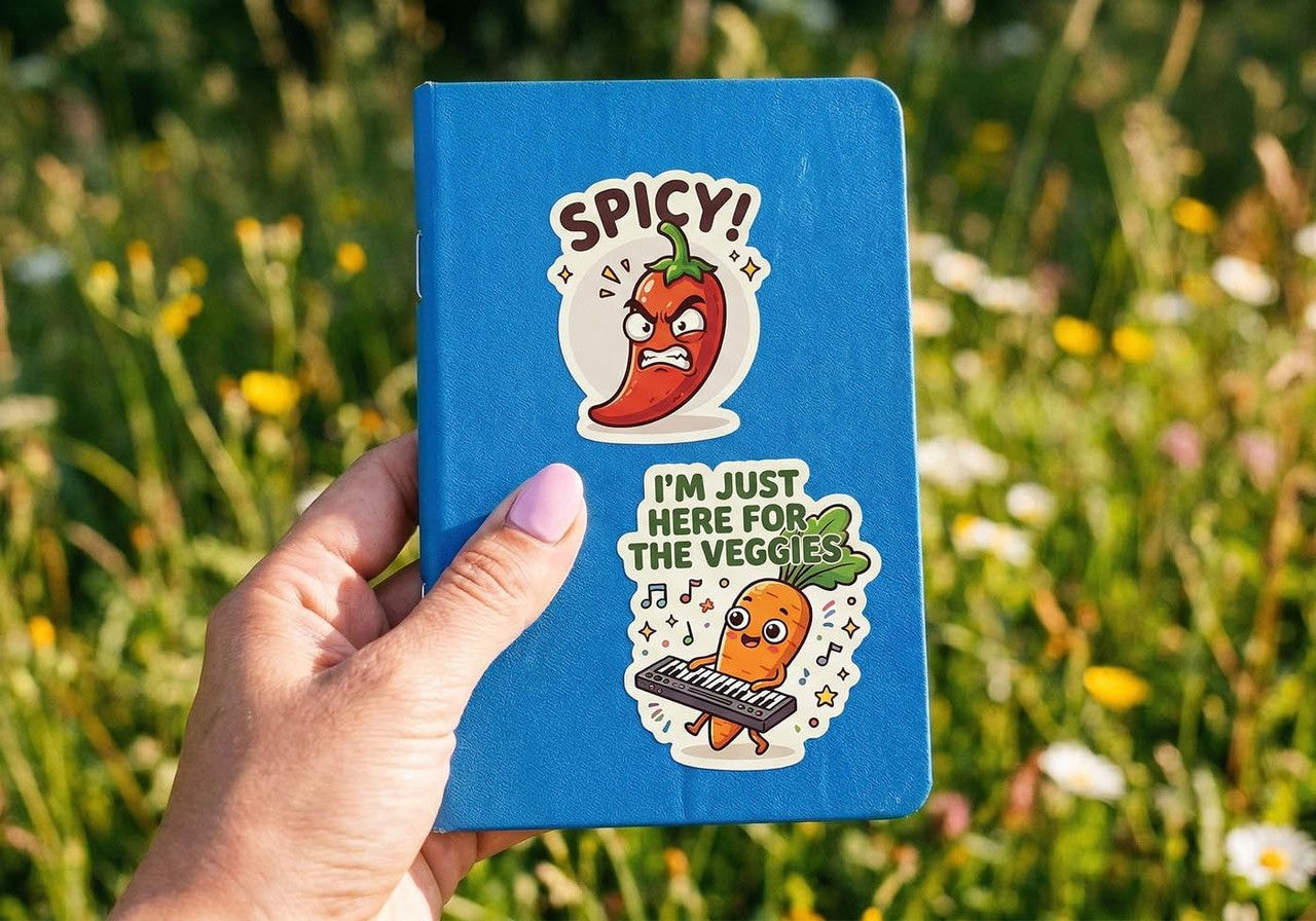 A hand with pink nails holds a blue notebook decorated with playful stickers: a fiery chili labeled "Spicy!" and a carrot playing keyboard.
