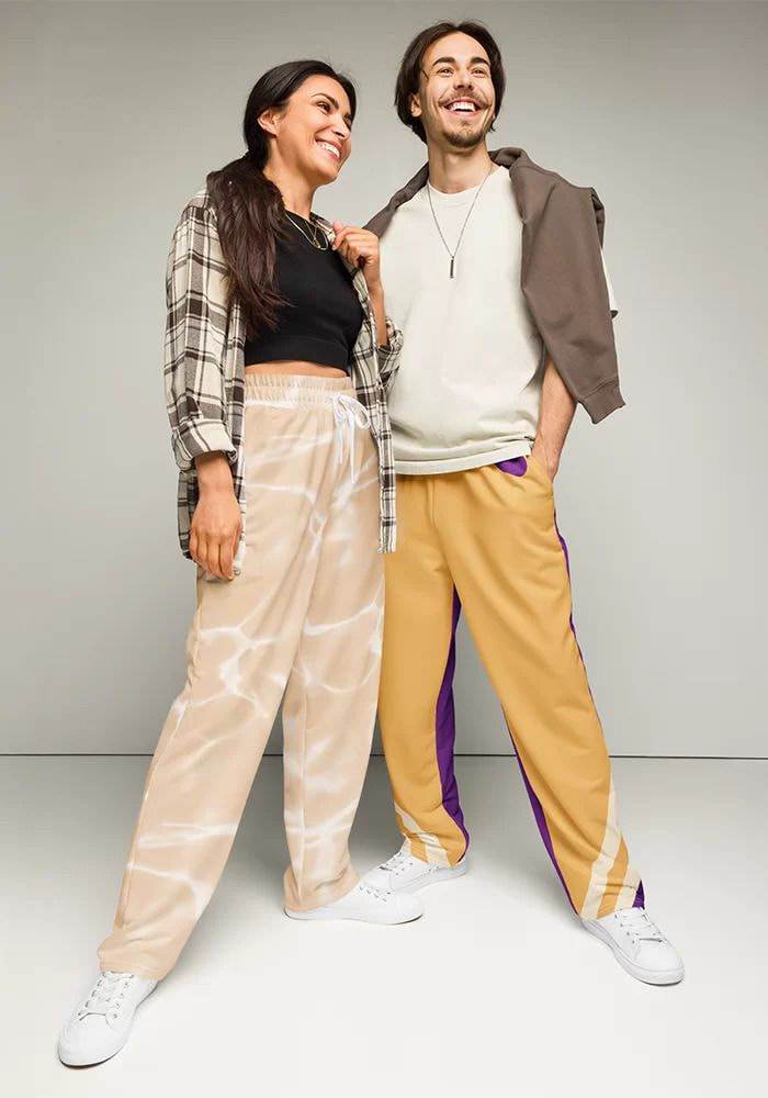 man and woman wearing custom wide-leg pants
