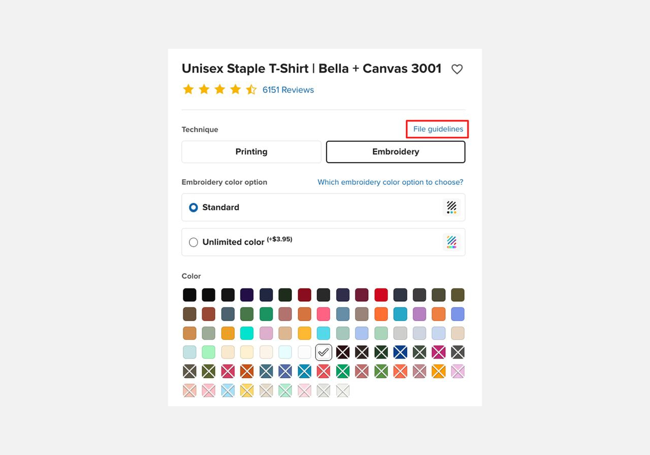 A screenshot showing where to find embroidery file design guidelines when working with Printful’s Design Maker.