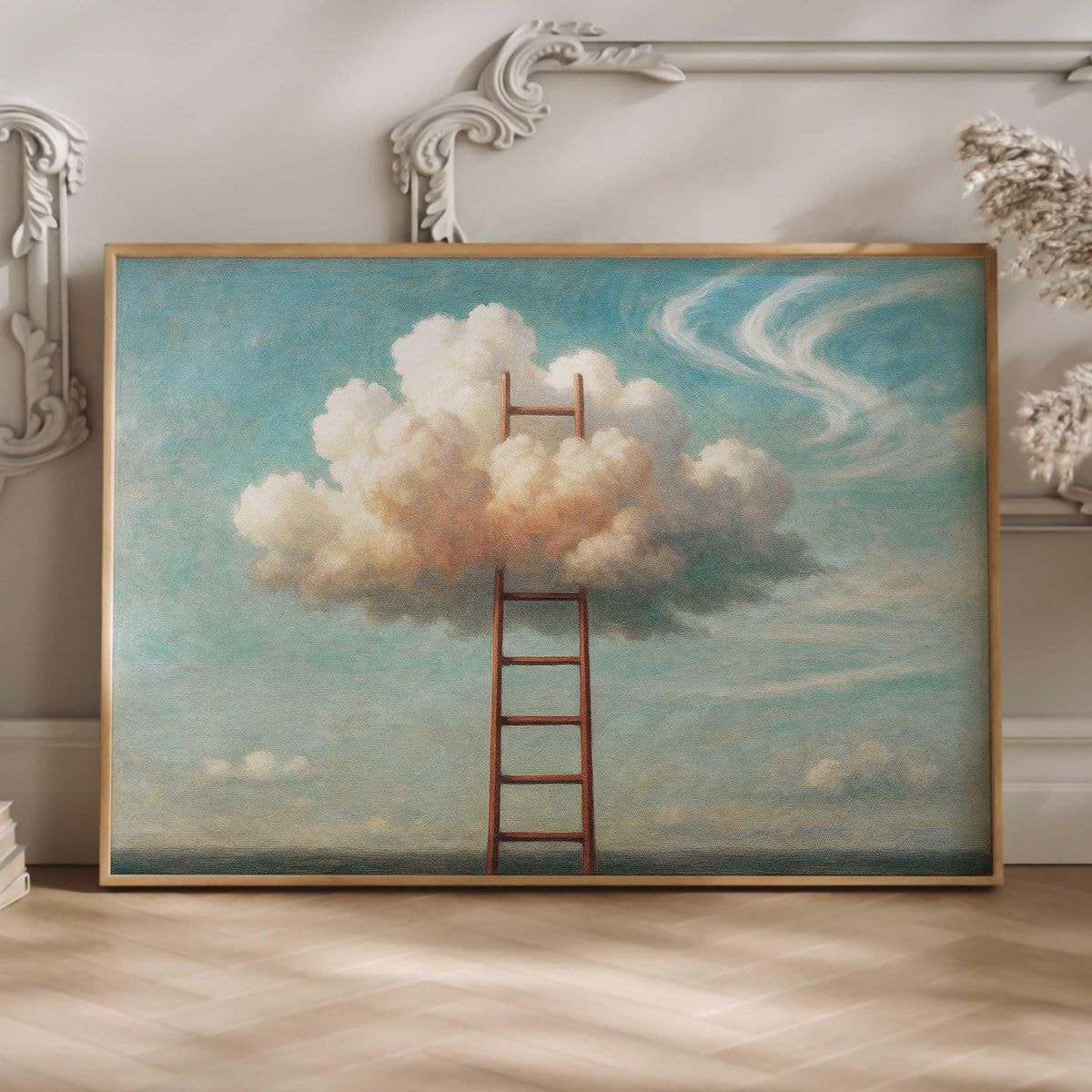 A painting depicting a ladder reaching up to a fluffy cloud in a bright blue sky.
