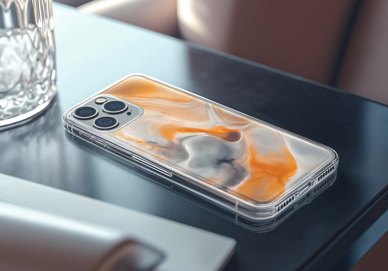 Smartphone on a table, featuring a clear case and a marbled orange pattern. Nearby is a textured whisky glass.