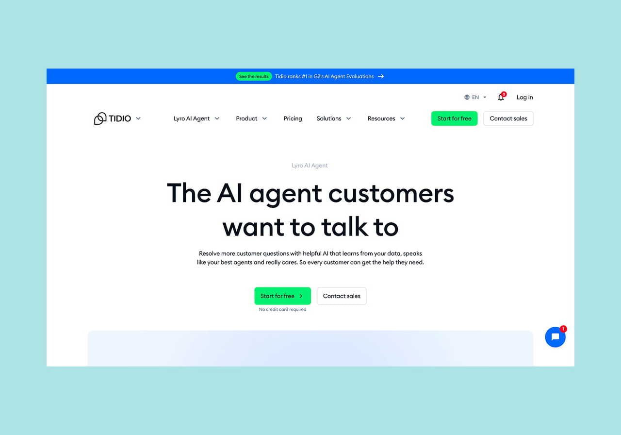 Tidio Lyro AI agent homepage hero section screenshot mockup.